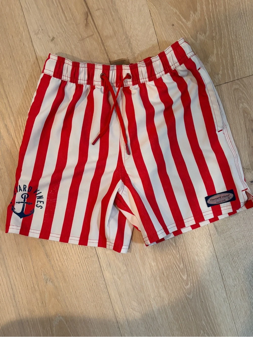 Vineyard Vines Red and White Striped Swim Trunks with Logo Patch